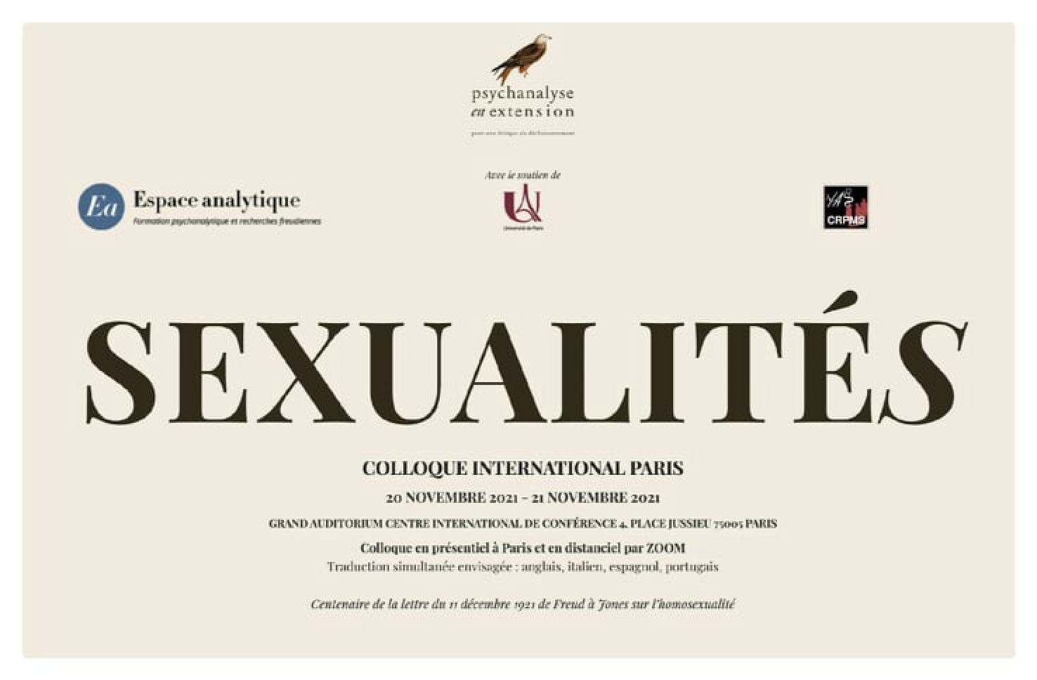 SEXUALITÉ(S) - COLLOQUE INTERNATIONAL PARIS - WE DU 20 NOVEMBRE 2021